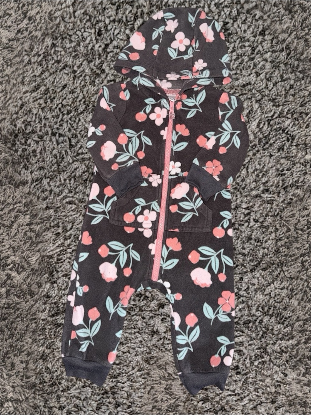 Carter's Gray Floral Hooded Baby One-Piece with Pink Accents